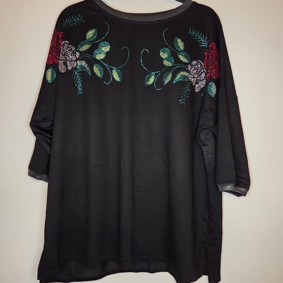 Queen Tina Tops - Queen Tina Plus Size 3 Rose Vine Embellished Sparkly Top Shoulder Accents